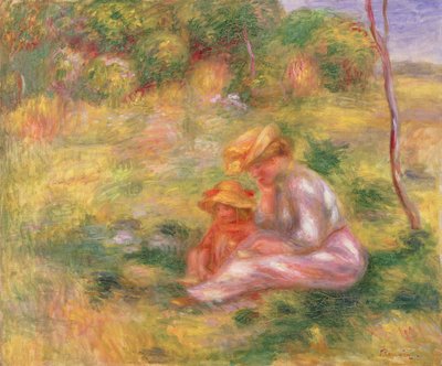 Frau und Kind sitzen auf einem Feld, ca. 1898 von Pierre Auguste Renoir